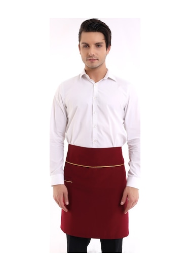 Bordo Renge Sarı Biye Cepli Garson Bel Önlüğü-Standart-Tek Parça