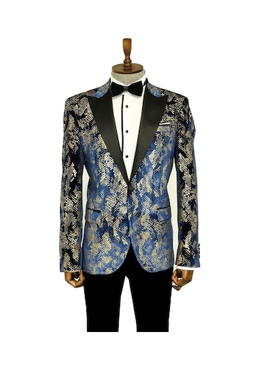 Wessi Dik Yaka Slim Fit Altın Desenli Lacivert Erkek Balo Ceket - Wessi Lacivert