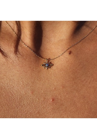 Tasarım Kirpik Nazar Boncuğu Lacivert Mineli Tasarım Stil Modern 14 Ayar Altın Kolye-altın Kolye