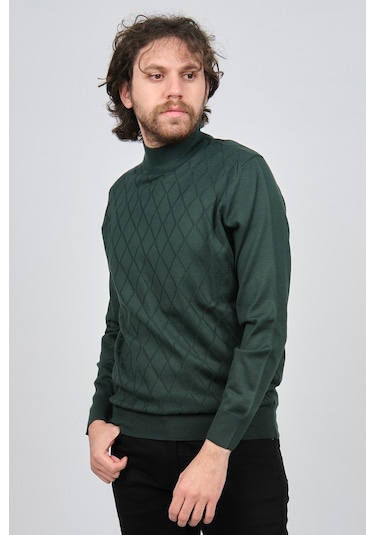 Pave Erkek Yarım Balıkçı Baklava Desenli Yün Kazak 4537220 Yeşil Yeşil