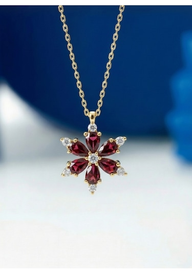 Çekirdekjewelry 925 Ayar Gümüş Ruby Taşlı Kamelya Çiçeği Kolye Sarı Garnet