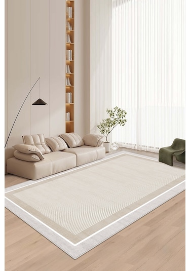 West Home Makinede Yıkanabilir Kaymaz Taban Leke Tutmaz Bej Çizgili Salon Halısı Mutfak Halısı Ve Yolluk