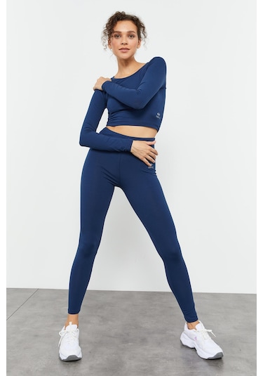 Tommy Life İndigo Uzun Kollu Dar Kalıp O Yaka Kadın Crop Top T-shirt - 97150 İndigo