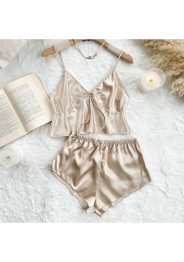 Buz İpek Atlet Pijama Kadın Moda İki Parça Ev Giyim İnce Ev Askılı Şort Takımı Haki