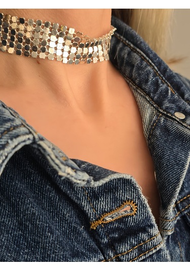 Arpa Pul Payet Zırh Metal Model Gümüş Choker Kolye Silver Çok Renkli