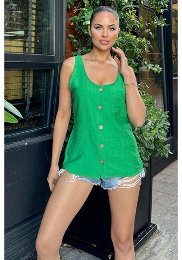 Kadın Yeşil Yuvarlak Yaka Ve Düğme Detaylı, Kalın Askılı Keten Atlet Bluz Yeşil