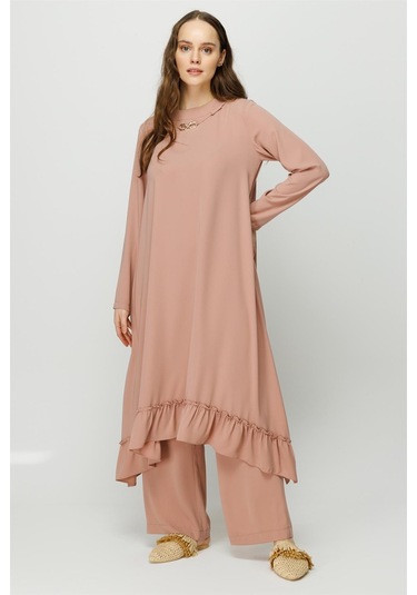 Eteği Büzgü Detaylı Tunik Pantolon Takım Pudra-pudra Pudra