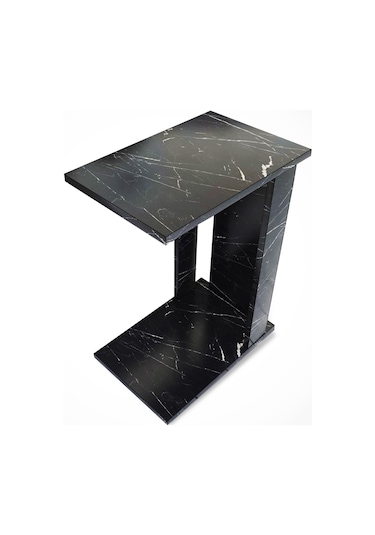 Pasific Home Single Çok Amaçlı Tekerlekli C Sehpa ,Koltuk Sehpası - Siyah Mermer