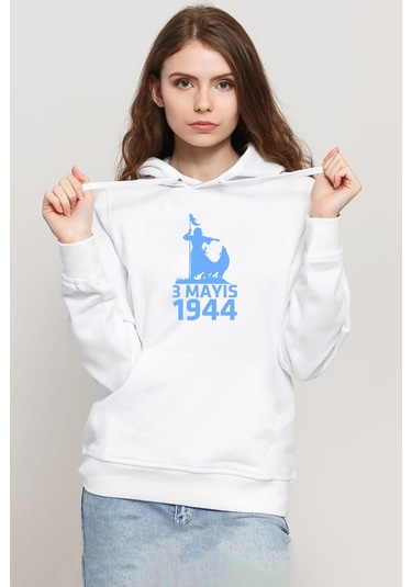3 Mayıs Türkçülük Günü Beyaz Kadın 3ip Kapşonlu Sweatshirt Beyaz