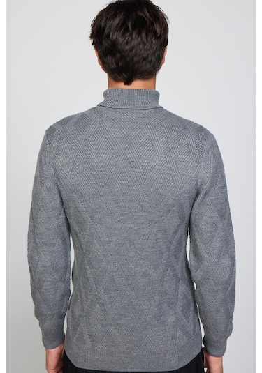 Tudors Slim Fit Dar Kesim Tam Balıkçı Yaka Desenli Gri Erkek Triko Kazak-29718-gri Gri
