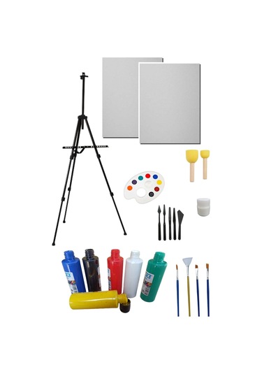 Resim Başlangıç Seti, Metal Şövale, 2 Tuval, Akrilik Boya Seti, Katlanabilir Çantalı Şövale Seti