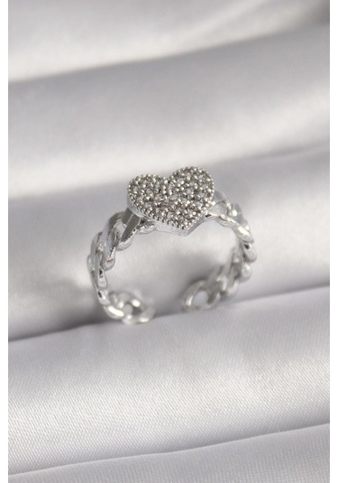 Pirinç Gümüş Renk Zirkon Taşlı Kalp Model Kadın Yüzük Gümüş