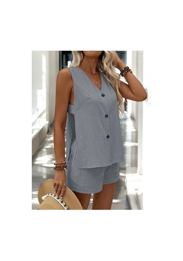 Yazlık Şortlu Kolsuz İkili Keten Takım Gri