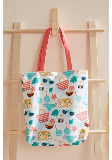 Kadın Beyaz Turuncu Summer Bez Alışveriş Plaj Çantası Çok Renkli