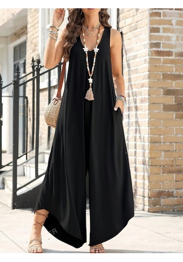 Soonaksesuar Kadın Askılı Yuvarlak Yaka Cepli Salaş Uzun Viskon Tulum Siyah