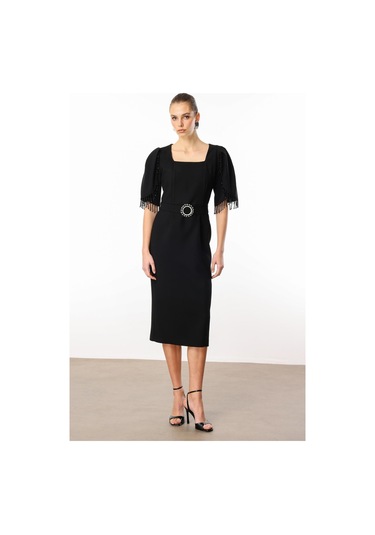 Moda İlgi Kadın Kolları Şerit Boncuk Aksesuarlı Elbise 0001 Siyah Siyah