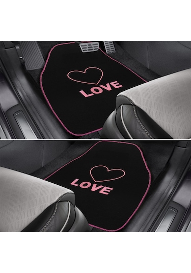 Kalp Ve Aşk Desenli Pembe Nakışlı 5'li Oto Halı Paspas Seti Love Yazı Detaylı Araba Paspas Takımı