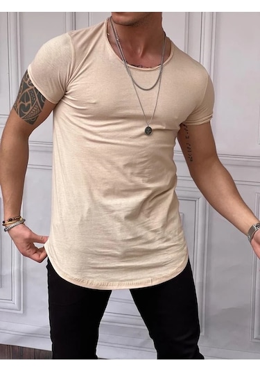 Modefendi Slim Fit Oval Kesim Pamuk Basic Tshırt Krem