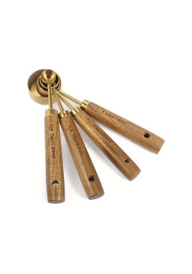 Ahşap Saplı Ölçü Kapları Kaşıkları Paslanmaz Çelik Kahve Ölçü Kaşığı Yeni Pişirme Aletleri Altın