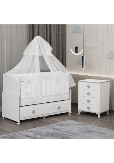 Elegant Mdf Çıtalı Beşik + Şifonyer Yatak Uykuseti - Gri Beyaz
