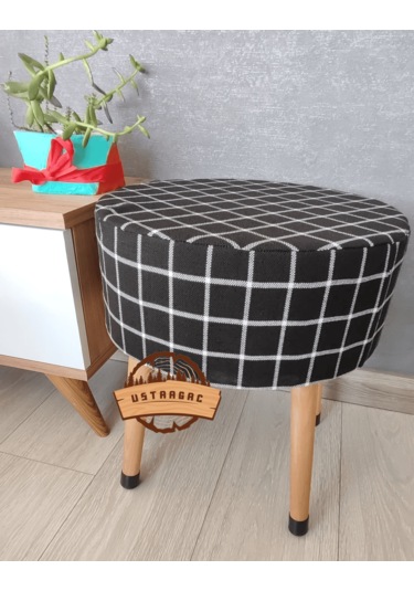 Puf Koltuk Tabure - Siyah Üstü Beyaz Örme Ekose - Ahşap Gürgen Ay