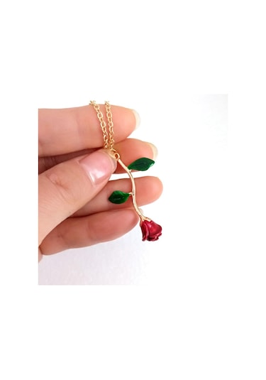 Saatcaddesi Yeşil Yapraklı Rose Zamak Gül Bayan Kolye