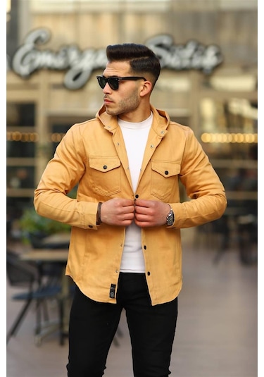 Açık Hardal Renk Kapüşonlu Kot Ceket-1477 Hardal