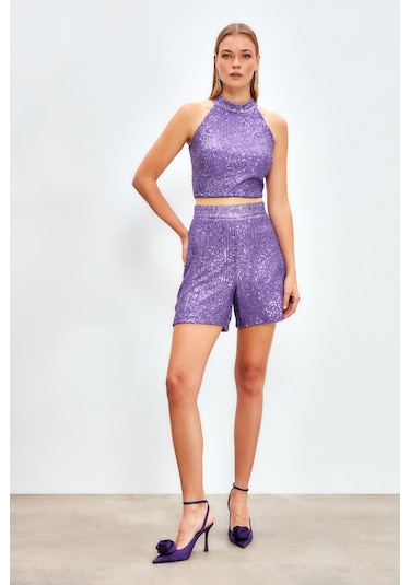 Sateen Payet Detaylı Şort - Mor