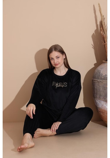 Boyraz Kadın Kışlık Fransız Kadife Büyük Beden Bisiklet Yaka Uzun Kol Pijama Takımı 03134 - 1 Adet Siyah