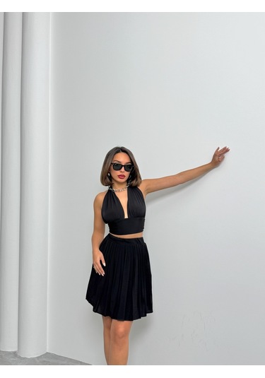 Kadın Modal Dokulu Piliseli Şortlu Mini Etek Siyah