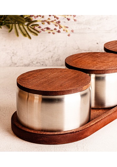 Steel&More Ahşap Kapak Çelik Çerezlik 7 Parça Sızdırmaz Saklama Kabı 12cm Gri