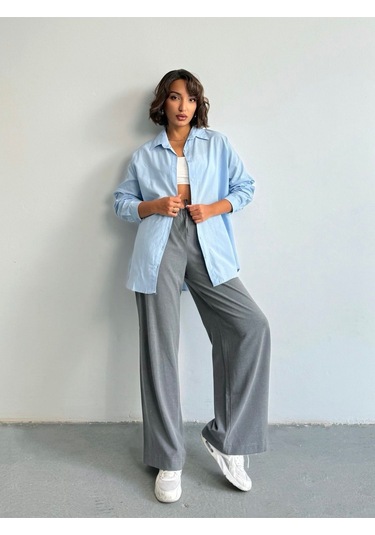 Kadın Oversize Uzun Basic Gömlek Mavi