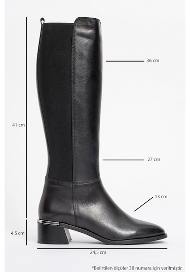 Rochos Siyah Cilt Streç Detaylı Hakiki Deri Kadın Çizme Siyah Mat