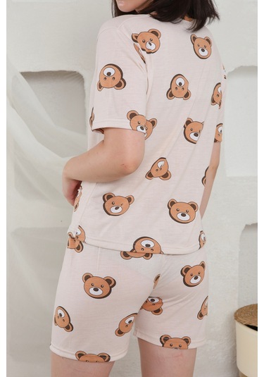 Fames Pijama Yazlık Desenli Loose Crop Şortlu Pijama Takım Krem