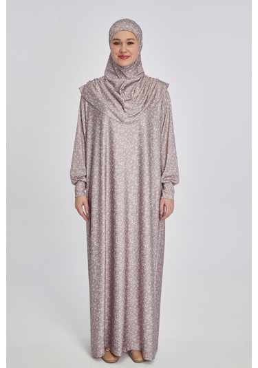 Pratik Tek Parça Çiçek Desenli Namaz Elbisesi Bej