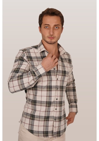 Krem Oduncu Slimfit Erkek Gömlek Krem