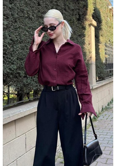 Madmext Bordo Muslin Kumaş Basic Kadın Gömlek Mg1660 Bordo