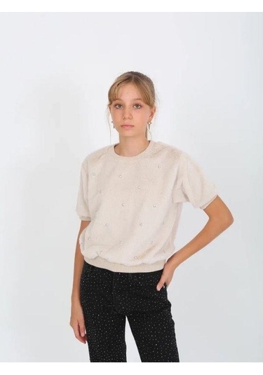 Kız Çocuk Kışlık Peluş Taşlı Yarım Kollu Tasarım Kazak-14821 Krem