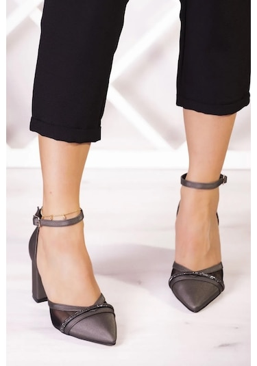 Molly Antrasit Saten Taşlı Fileli Kalın Topuklu Ayakkabı Antrasit