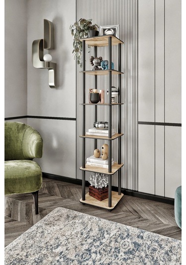 6 Katlı Dekoratif Kare Kitaplık Meşe Meşe