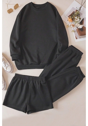 3'lu Sweat Short Eşofman Altı Takım Siyah