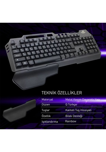 Gaming Klavye Mekanik Hisli Bilek Destekli Kablolu Rainbow Işıklı Oyuncu Klavye