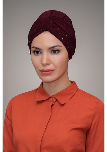Bordo Pratik Dolama Tesettür Bone Sandy Kumaş Boncuklu 1870_16 Bordo