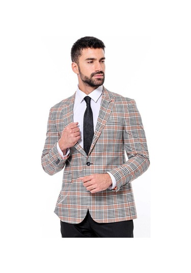 Wessi Ekose Desenli Slim Fit Turuncu Siyah Erkek Ceket - Wessi Turuncu