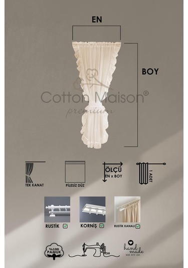 Fırfırlı Tül Perde Tek Kanat Romantik Volanlı Bağlamalı Ekru