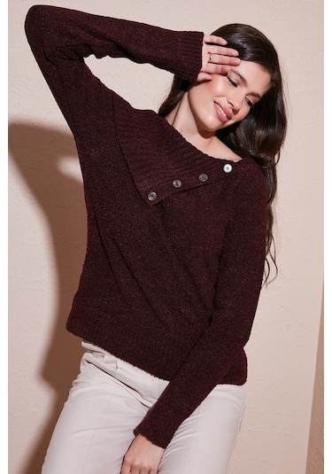 Lela Premium Regular Fit Kayık Yaka Düğme Detaylı Bayan Kazak 680Kz002563 Bordo