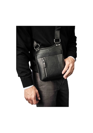 Erkek Siyah Hakiki Deri Postacı Askılı Omuz Çanta Kangaroo 8701S