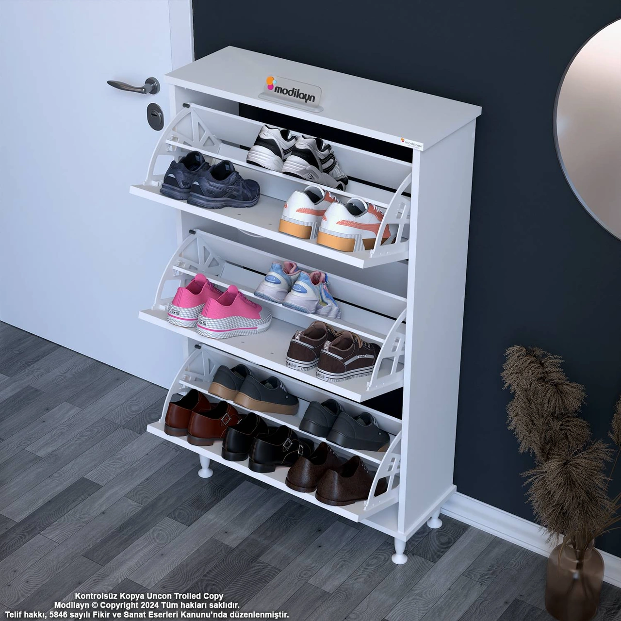 Uygar Beyaz Renk Kapı Önü Ayakkabılık 3 Düşer Kapak 6 Göz Ayakkabılık 72x119x25,5 Cm Beyaz