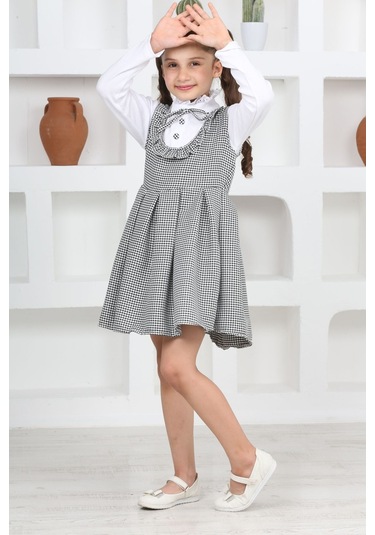 Kız Çocuk Kaz Ayağı Desenli Pileli Elbise Ve Likralı Body Siyah-beyaz