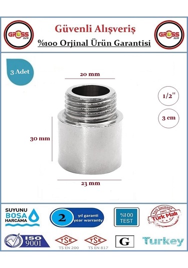 1/2'' Musluk Uzatması - 3cm - Paslanmaz Çelik - 3 Adet